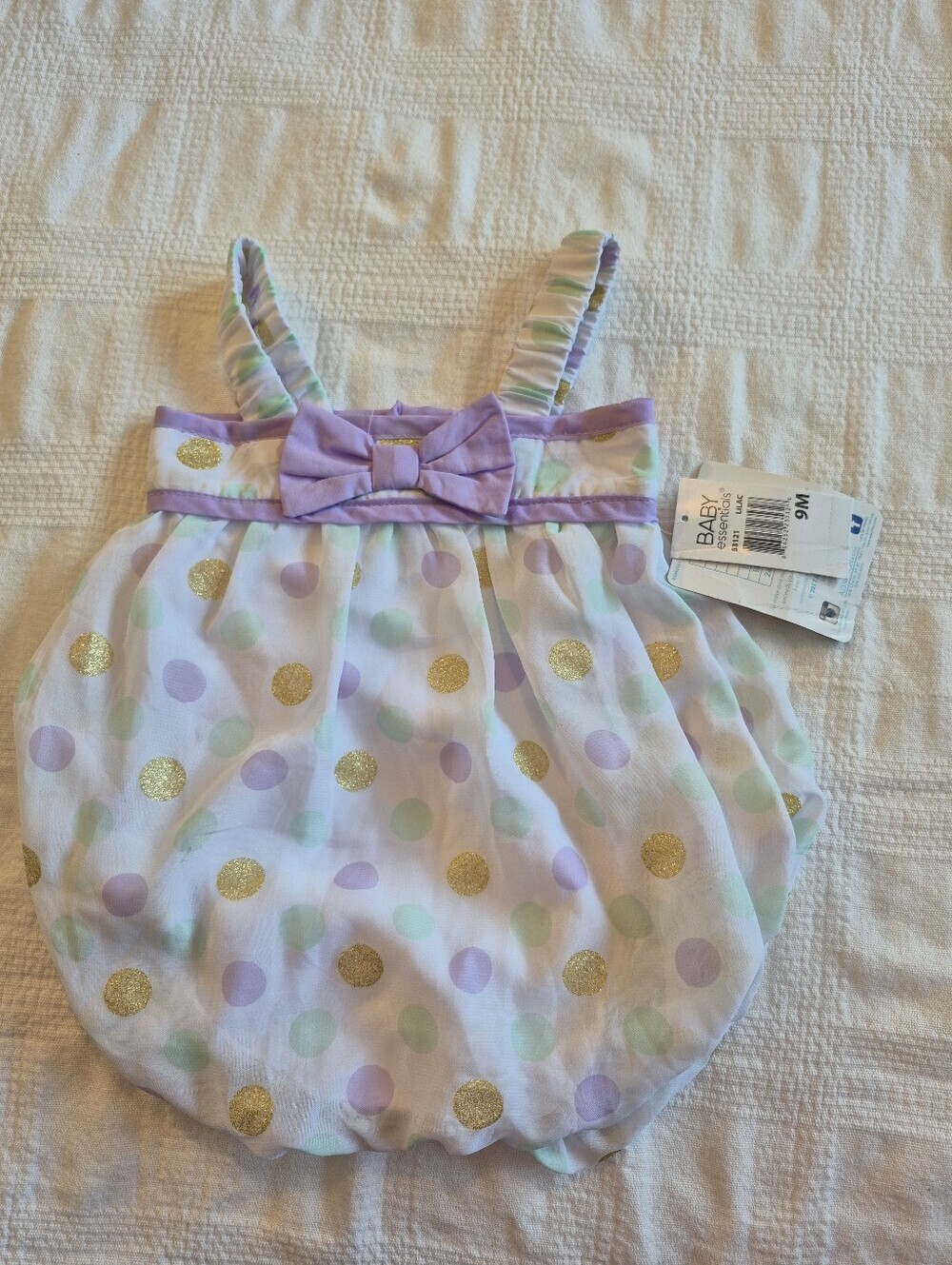 Baby Essentials girls 9 months chiffon lined bubble romper with polka dots NWT